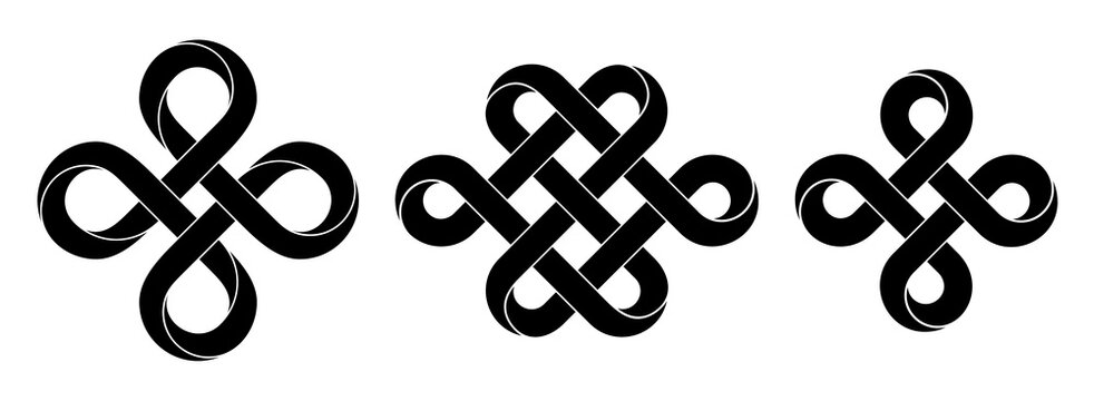 Set of signs made with ribbons intertwined as endless knot and bowen cross. Stylized ancient traditional symbols for tattoo design. Vector illustration.