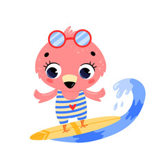 Flat vector doodle cute cartoon summer surfing flamingo. Tropical animals on the beach