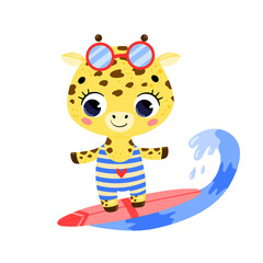 Flat vector doodle cute cartoon summer surfing giraffe. Tropical animals on the beach