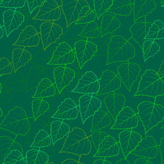 Seamless background with a simple, contour image of birch leaves. Vector design in green tones for wrapping paper, napkins, fabrics, tablecloths, wallpapers, covers, posters, etc.