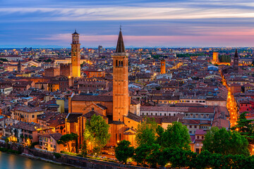 Fototapeta premium Sunset aerial view of Verona, Italy. Architecture and landmark of Verona. Cozy cityscape of Verona.