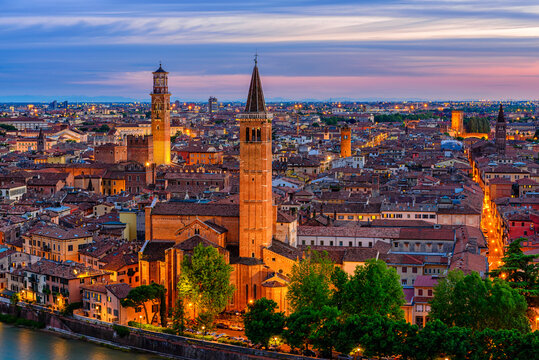 Sunset aerial view of Verona, Italy. Architecture and landmark of Verona. Cozy cityscape of Verona.