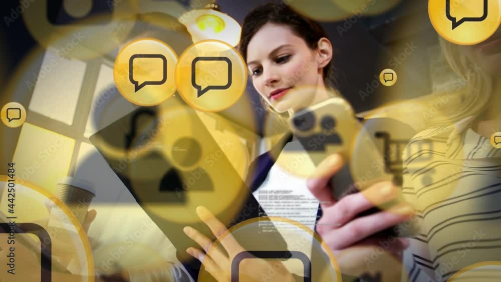 Poster digital icons and data processing against office colleagues using electronic devices at office
