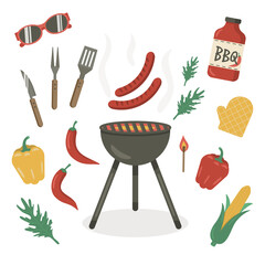 Barbeque set. Collection of equipment for cooking bbq. Sausages and vegetables. Isolated flat vector illustration on white background.