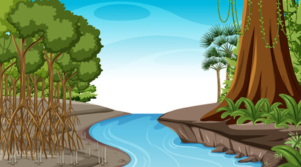 Nature scene with Mangrove forest at daytime in cartoon style