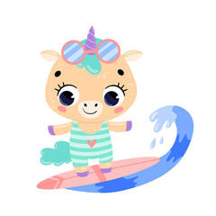 Flat vector doodle cute cartoon summer surfing unicorn. Tropical animals on the beach