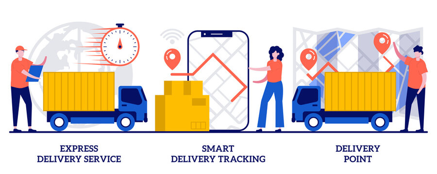 Express delivering, online smart tracking, courier, order delivery point concept with tiny people. Parcel shipment services vector illustration set. Cargo truck location, courier with box metaphor