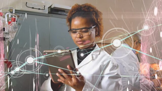 Network of connections against female health worker using digital tablet and working at laboratory - Powered by Adobe