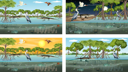 Different mangrove forest landscape scenes with various animals