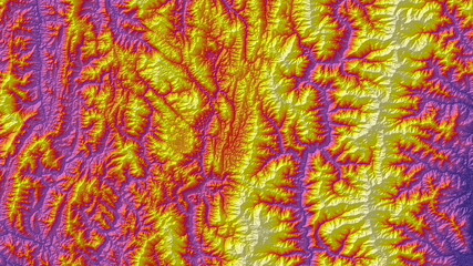 Red Purple and Yellow Digital Elevation Model in North of Myanmar