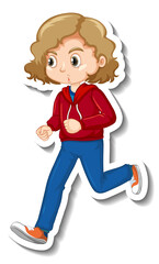 Sticker design with a girl jogging cartoon character