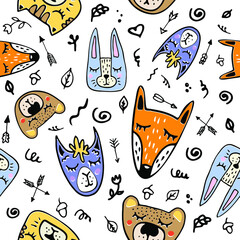 Colorful hand-drawn animal heads seamless pattern, funny doodle animal characters repeat pattern, a fox, a bear, a lama, a hare, a cat, childish style, fabric design for kids