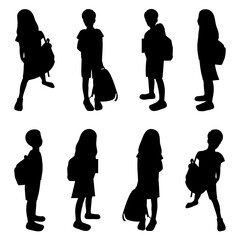 Children with schoolbags black silhouettes set, schollboy kids isolated, pupils boys and girs in different poses with bags, back to school vector Illustration.