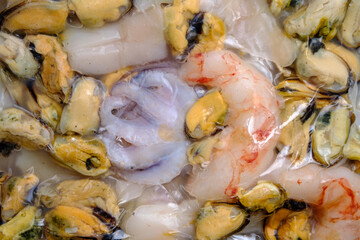Raw seafood, shrimp, mussels, squid in vacuum packaging. Close-up. Selective focus.