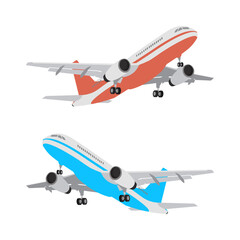 Passenger plane in flight on a blue background. Vector illustration of an airplane.
