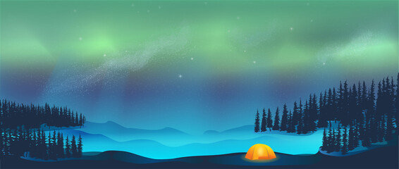 Camping in tent under Aurora Borealis Northern Lights in Snow - obrazy, fototapety, plakaty