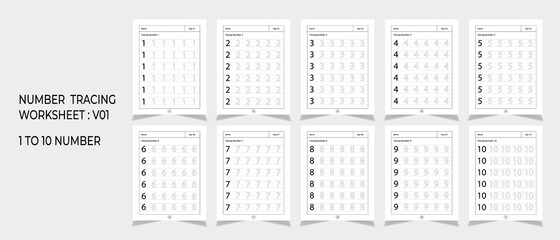 Kindergarten Number Tracing Worksheets, math for  educational math game design, Printable worksheet, set 1