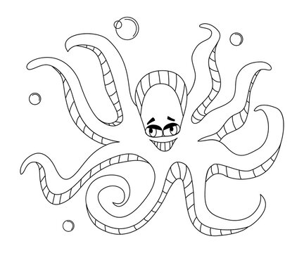 Octopus. Cartoon funny sea character. Coloring book for children. An underwater monster with tentacles and a cute smile. Contour drawing with a black line on a white background. Vector illustration