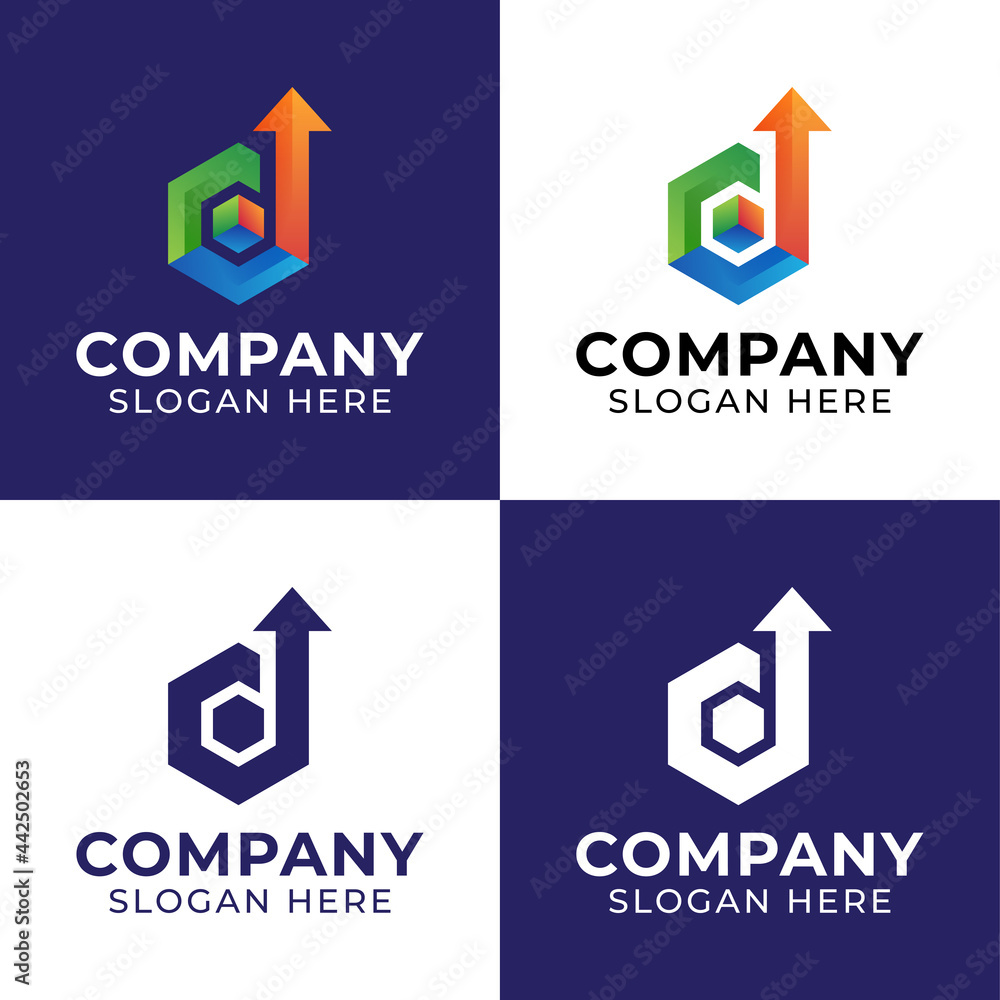 Poster letter d arrow upper logos with cube box hexagonal shapes digital logo inspirations for delivery pac