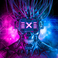 Hardwired cyberpunk skull robot / 3D illustration of science fiction cyberpunk skull faced grinning android wearing futuristic virtual reality glasses © grandeduc