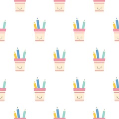 cute kawaii pencil holder character with pencils seamless pattern background. flat illustration