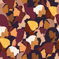 Female diverse faces of different ethnicity seamless pattern. Women empowerment movement pattern. International women's day graphic in vector. Women's faces in profile.