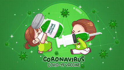 Girl and boy holding coronavirus vaccine coronavirus injection syringe cartoon art illustration