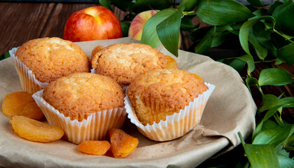 side view of delicious muffins and dried apricots on a plate and fresh sweet nectarines on wooden rustic background