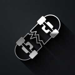 Silver Broken skateboard icon isolated on black background. Extreme sport. Sport equipment. Long shadow style. Vector