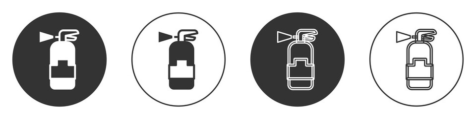 Black Fire extinguisher icon isolated on white background. Circle button. Vector