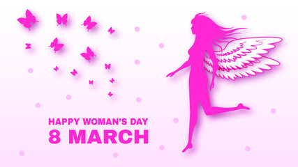 8 March Happy Woman's Day Greeting Woman With Wings And Butterflies Background. Vector Design Banner Party Invitation Web Poster Flyer Stylish Brochure, Greeting Card Template