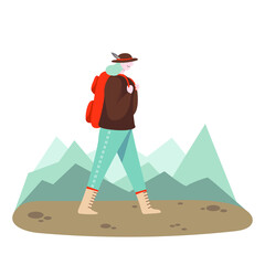 Active grey-haired middle aged woman enjoying hiking. Vector illustration, trendy flat character design. Concept art for single independent woman happy spending her leisure.