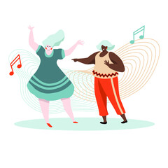 Two middle aged women dancing and happy spending time together. Vector illustration, modern character design. Concept for active middle aged women enjoying friendship and music.