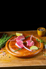 Raw Fresh Lamb Chops Wooden Cutting Board