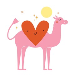 Vector illustration with cute pink camel, big red heart and stars. Lovely print design with animal and doodle elements
