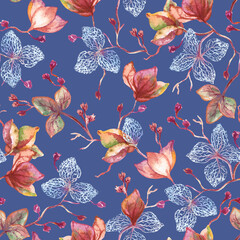 Whithered autumn plants watercolor seamless pattern. Botanical composition with autumn atmosphere. Flowers of delicate red color on a blue background