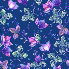 Whithered whinter plants seamless pattern. Botanical composition with watercolor flowers of mystical purple color on a dark blue background.