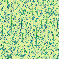 Sweet elegant seamless pattern with grass. Trending Fabric fashion pattern designs of green and blue small leaves and branches.