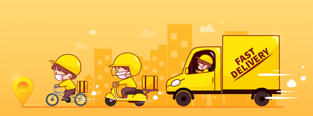 Set of Online delivery service concept Delivery Man Ride truck, scooter and bicycle courier cartoon art illustration