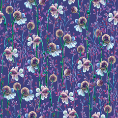 Small flowers, hand-drawn on a delicate blue background. Elegant seamless for feminine looks.