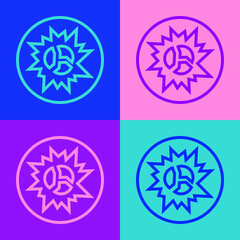 Pop art line Bomb explosion with shrapnel and fireball icon isolated on color background. Vector