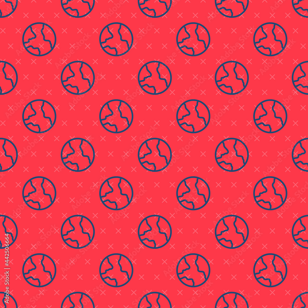 Poster blue line worldwide icon isolated seamless pattern on red background. pin on globe. vector
