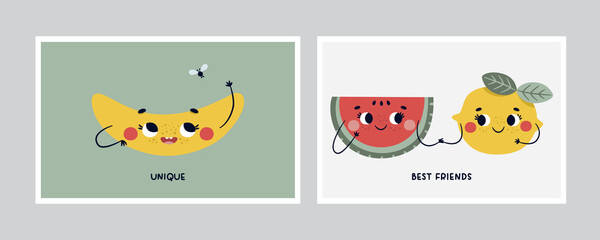 Cute vector cartoon cards with funny fruits characters: Banana, Lemon, Watermelon and cool tags. Cartoon illustration for nursery room decor, children design