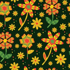 Modern bright seamless pattern with yellow flowers on a dark background. For textiles and design.