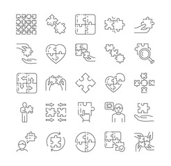Large set of black and white puzzle icons with jigsaw pieces