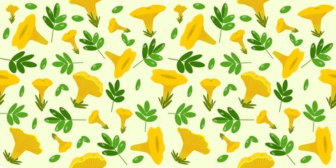 Colored repeating pattern of chanterelle mushrooms, herbs, leaves on a light yellow background for printing on fabric and paper