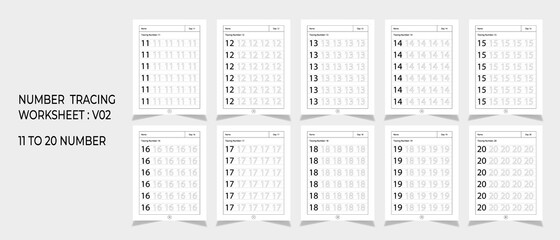 Kindergarten Number Tracing Worksheets, math for educational math game design, Printable worksheet, set 2