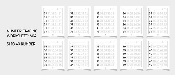 Kindergarten Number Tracing Worksheets, math for educational math game design, Printable worksheet, set 4 - obrazy, fototapety, plakaty