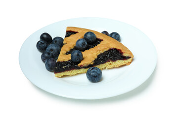 Plate with piece of blueberry pie isolated on white background