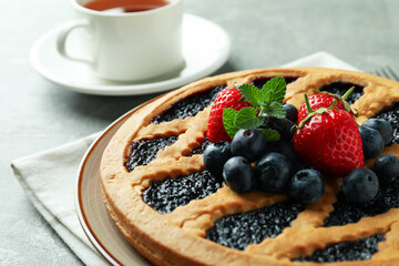 Concept of delicious dessert with blueberry pie
